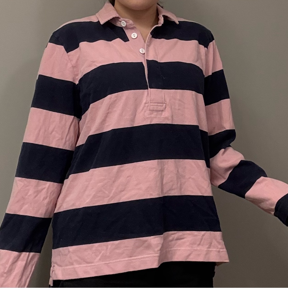 J Crew Pink and Navy Striped Long Sleeve Polo Shirt